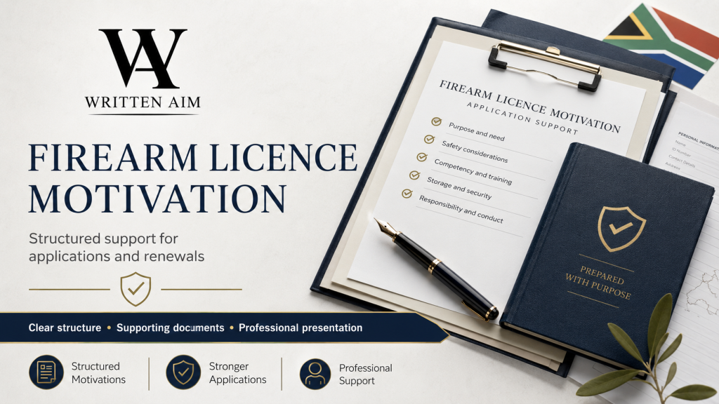 Firearm licence motivation South Africa with structured supporting documents and Written Aim branding