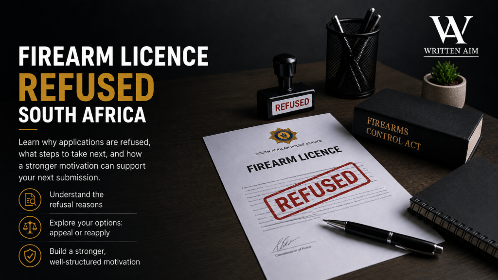 Written Aim image about firearm licence refusal support and next steps after a refused firearm licence application in South Africa.